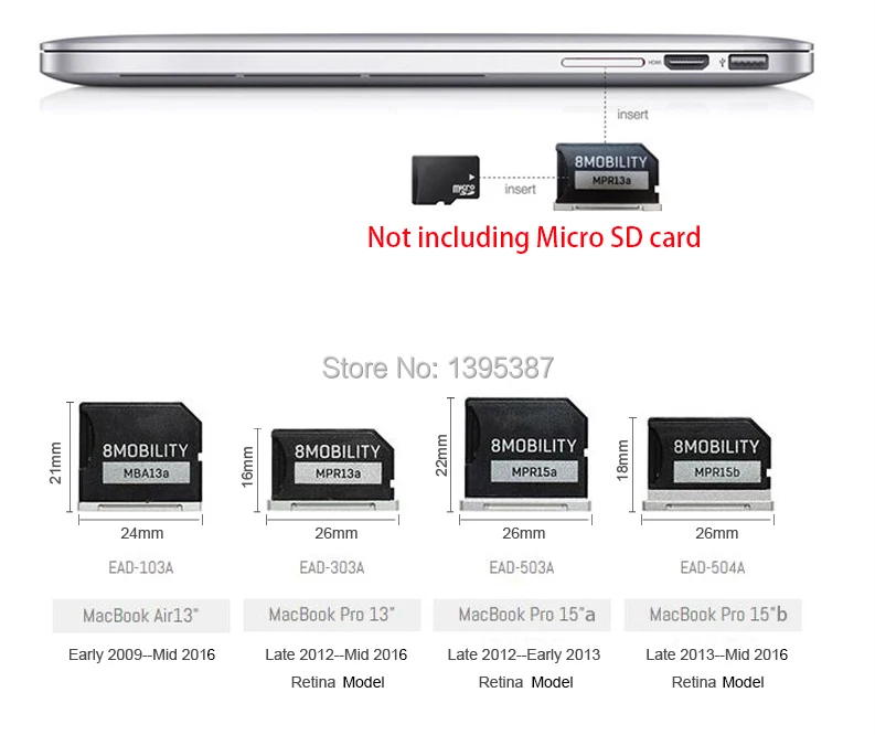 8 Мобильный алюминиевый MiniDrive Micro SD кард-ридер для Macbook Pro retina 13 ''модель 303A карта памяти адаптер
