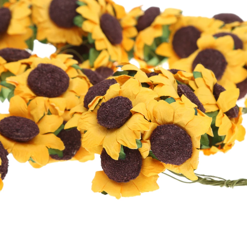 Small Artificial 30mm Sunflower Paper Floral With Wire Green Bendy Stem 100 Flowers