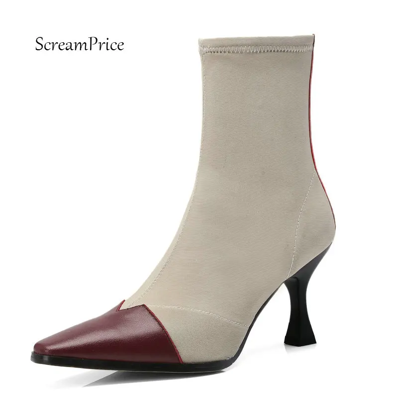 

Female Genuine Leather Fashion Mixed Colors Thin Heel Ankle Boots Women Zipper Square Toe Fall Winter Stretch Bootie Black