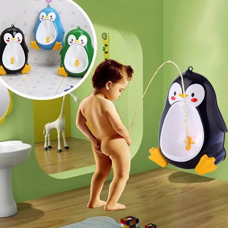 Longspeed Cartoon Cute Penguin Potty Urinal Toilet Standing Urinal Bathroom Children Pee Trainer for 8 Month to 6 Years Old Boys Black