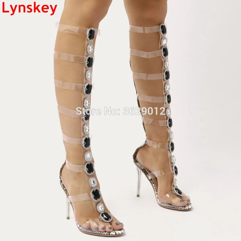 

Lynskey Rhinestone Lady Knee High Boots Thin Heels Stiletto Woman Summer Sandal Boots Python Crystal Dress Shoes Pumps