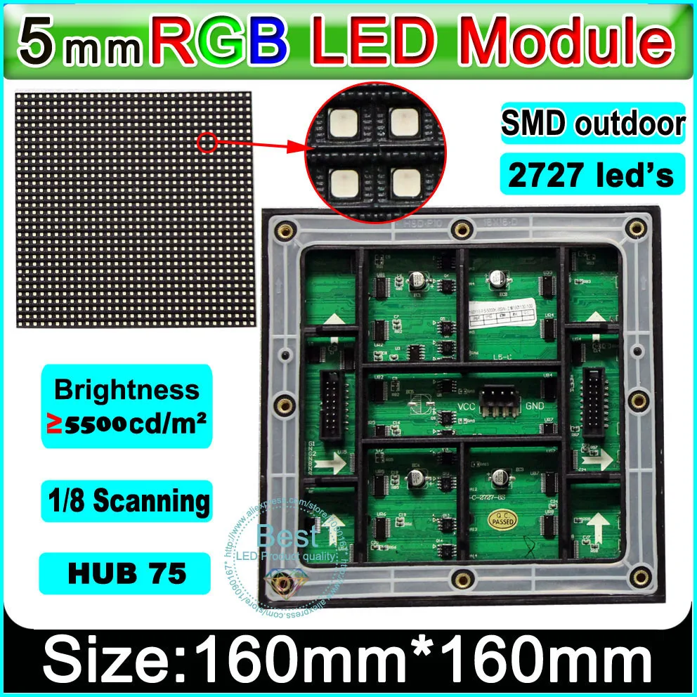 

Custom Edition full color display SMD 3 in1 P5 LED module,1/8 scan, 160*160mm ; waterproof RGB panel