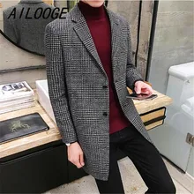 AILOOGE Новое мужское повседневное клетчатое шерстяное пальто модное Трендовое длинное пальто куртка брендовая одежда