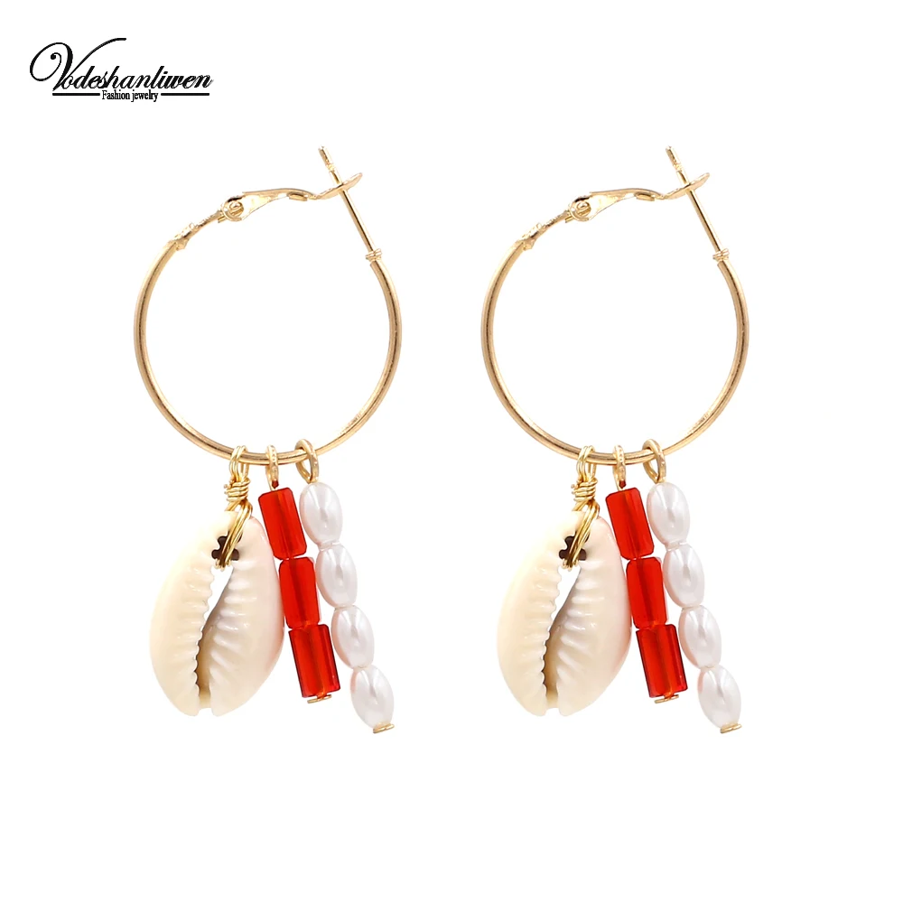 

Vodeshanliwen New Bohemian Beach style Shell Hoop Earrings 2019 Fashion Ethnic Simulated pearl Earrings For Women Jewelry