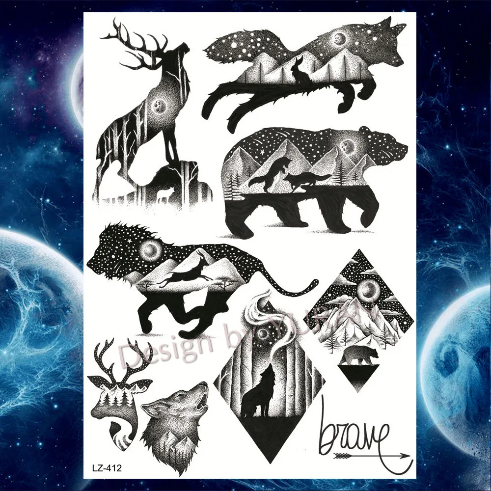 Трайбл лесные животные черная галактика треугольник волк животные временные татуировки наклейки для женщин мужчин олень татуировки водонепроницаемые татуировки на руку - Цвет: GLZ412