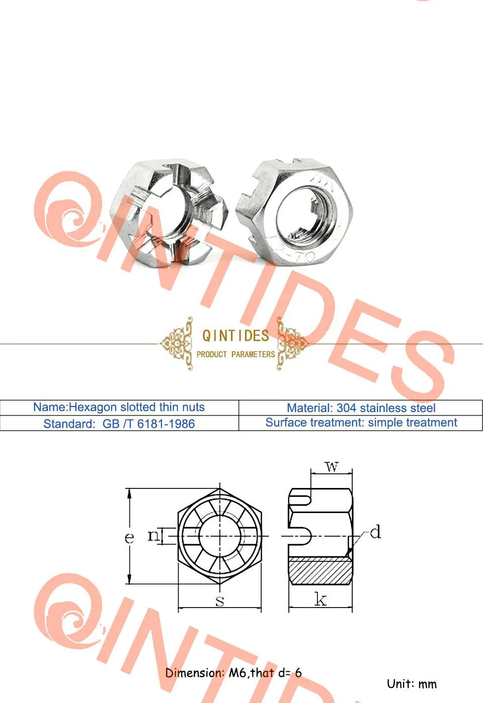 Qinedes M6 M8 M10 M12 M14 M16 M18 M20 шестигранные шлицевые тонкие гайки 304 из нержавеющей стали Шестигранная гайка шлицевая гайка