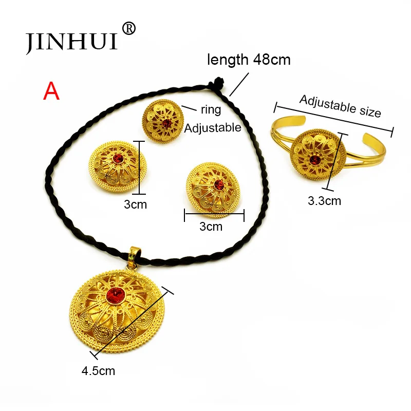 Jin Hui, эфиопские Ювелирные наборы, красный камень, подвеска, ожерелье, серьги, кольцо, золотые подарки для женщин, африканская Эритрея, свадебные ювелирные изделия