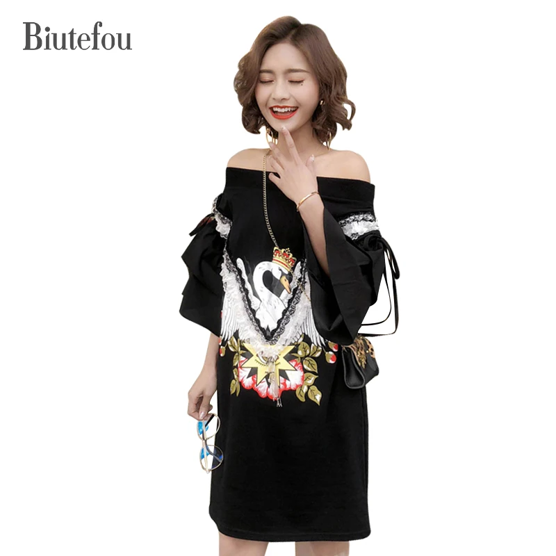 

2020 Spring and summer cartoon swan patch designs dresses women slash neck fashion short sleeve dresses