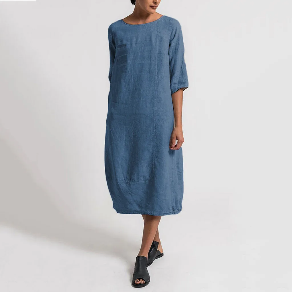 

JAYCOSIN Women Dresses Summer Casual Elegant O-Neck Half Sleeve Mid-Calf Ladies Straight Solid Plus Size Dress May29