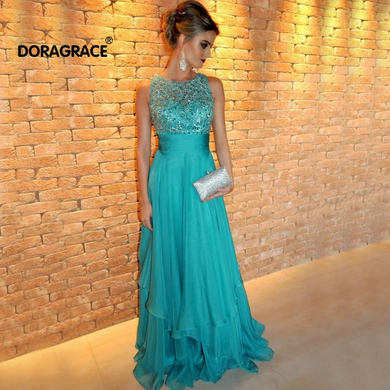 

Doragrace Elegant A Line Floor-Length Beaded Chiffon Long Evening Dresses Evening Gowns
