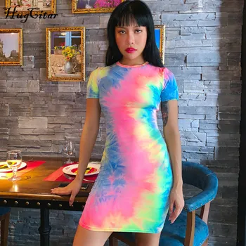 Hugcitar tie dye print short sleeve 2019 summer autumn women fashion party streetwear colorful bodyon mini t shirt dress short sleeve self tie dolman dress