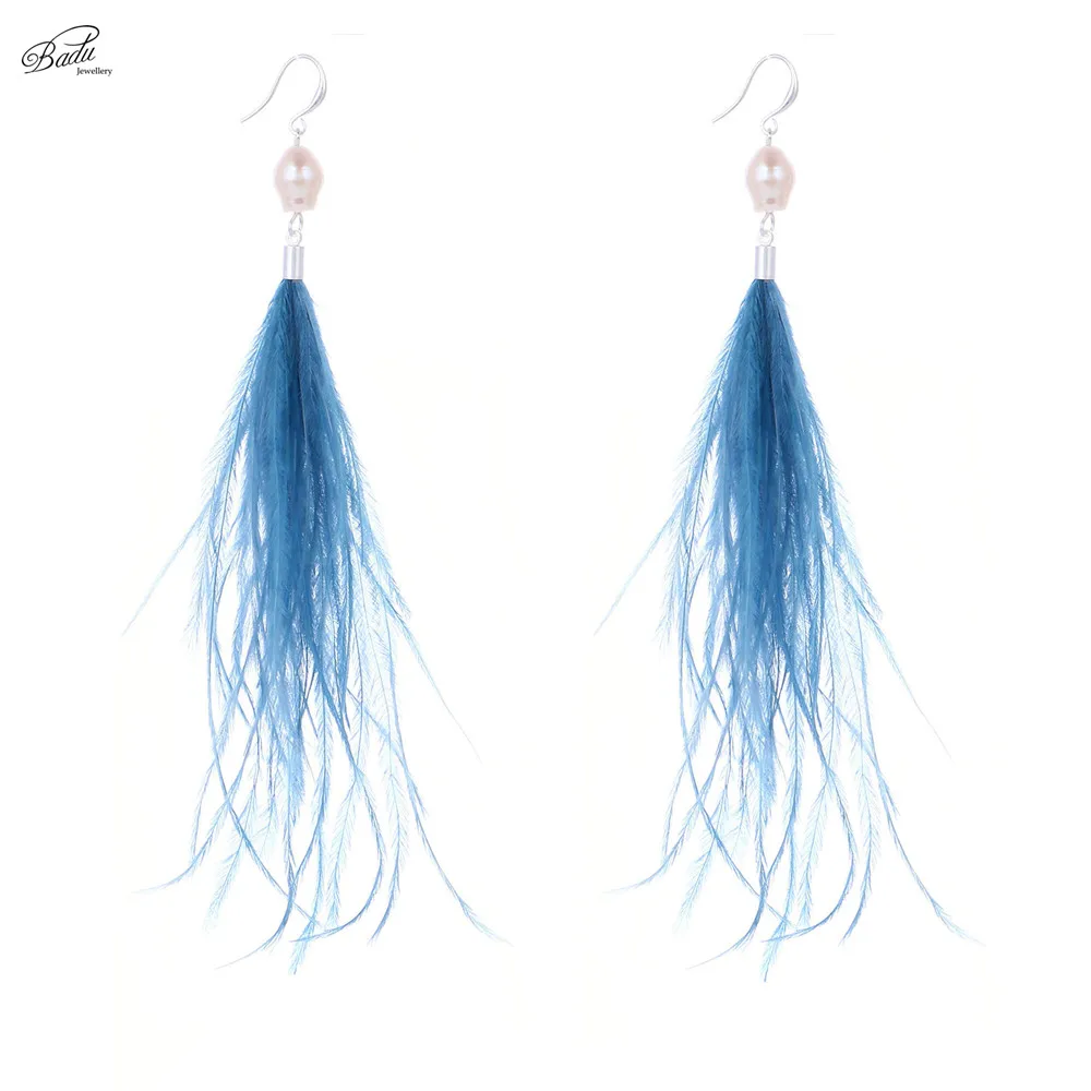 Badu пресноводные жемчужины неправильной формы длинные висячие серьги страусиное перо 4 цвета женские ювелирные изделия подарок праздник - Окраска металла: Royal Blue