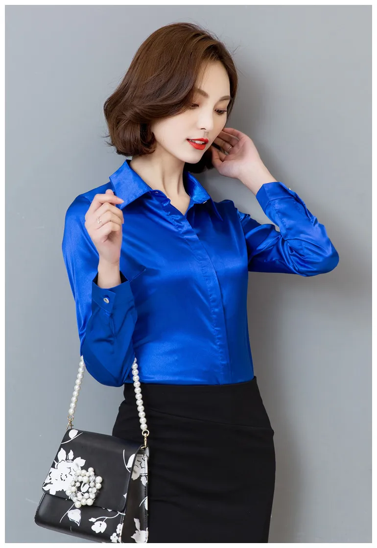 TingYiLi, весна-осень, атласная блузка для женщин, цвета шампанского, синий, красный, черный, белый, длинный рукав, блузка, рубашка, элегантные офисные женские рубашки