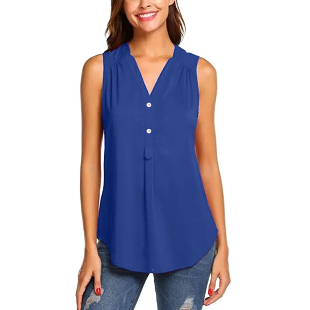2019 Women New Summer Sexy V-neck Button Sleeveless Shirt Casual Tank Top Blouse Tank Tops Tops Mujer Verano 50