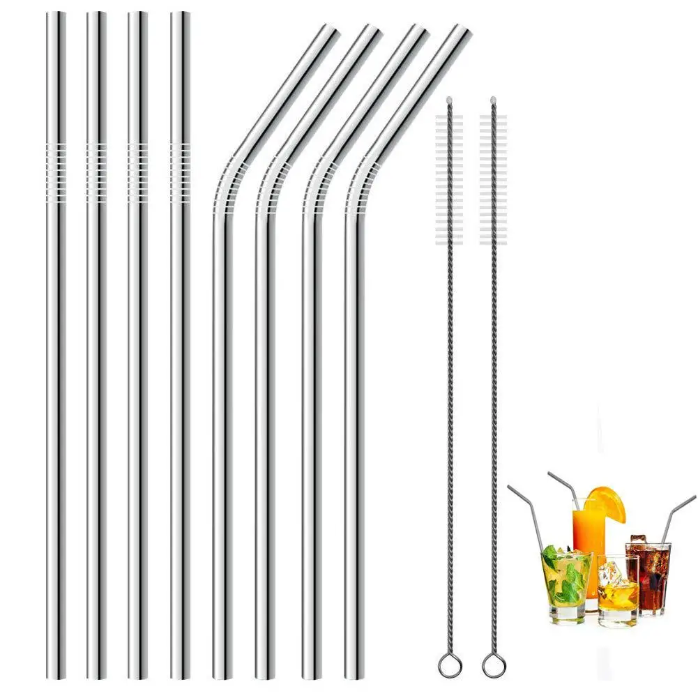 

10Pcs BPA Free Metal Reusable Smoothie Sturdy Bent Straight Smoothie Drinking Straw With Cleaning Brushes Kitchen Bar Supply Too