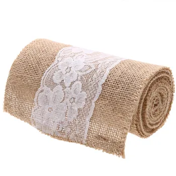

15*240CM Natural Jute Burlap Hessian Bowknot Ribbon with Pretty Flower Lace Trim Chair Cover Vintage Retro Home Party Decoration