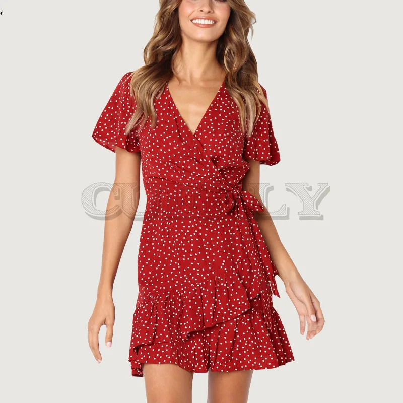 

Cuerly Ruffle dot print women summer dress Short party elegant dress female vestidos 2019 boho beach casual dress L5