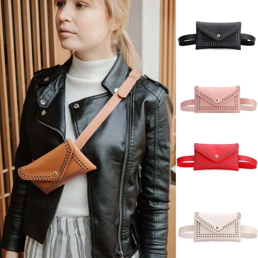 

Women Chest bag Fashion Outdoor Rivets Hasp Solid Color Messenger Bag Chest Bag Waist Bag
