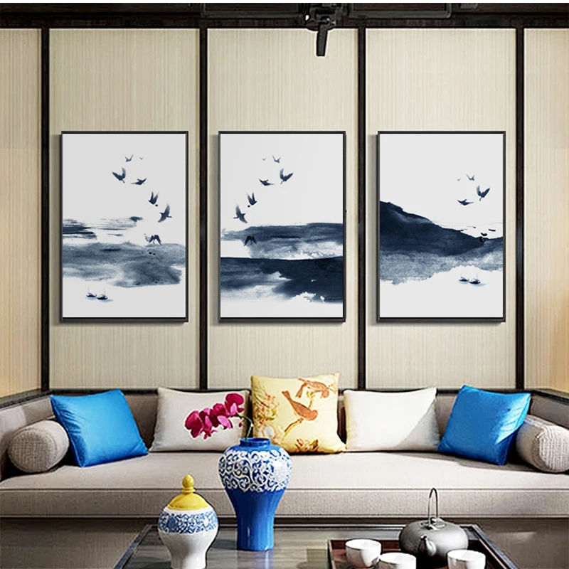 Traditional Chinese Watercolor Painting Dark Tree Sea Bird Wall Picture Poster Abstract Canvas Art Print for Livingroom Decor | Дом и сад