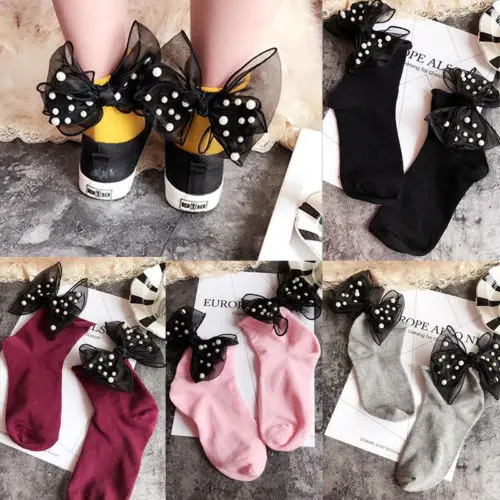 Милые женские носки, хлопковые носки с бантом для девочек, кружевные модные новые мягкие носки с жемчужинами