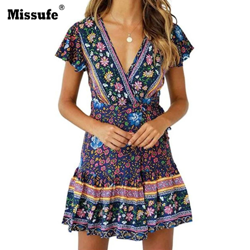 

Missufe Deep V Neck Floral Print Tea Dress For Women Short Sleeve Ruffles Mini Boho Beach Dress 2019 Vestidos Summer Dresses