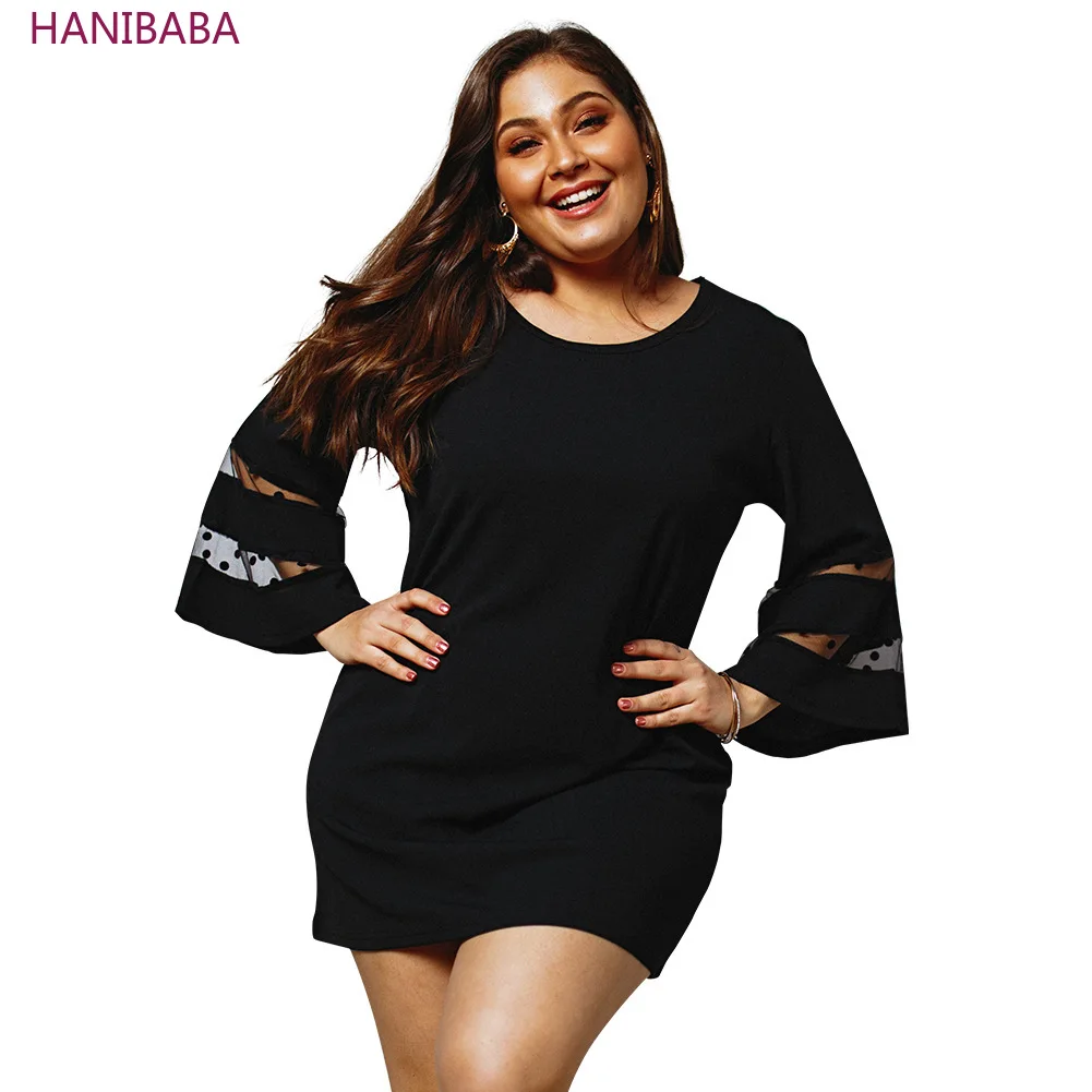 

HANIBABA New Solid Color Dress Lace Hollow Round Neck Chiffon Loose Plus Size Casual Party Office Female Summer Vestidos