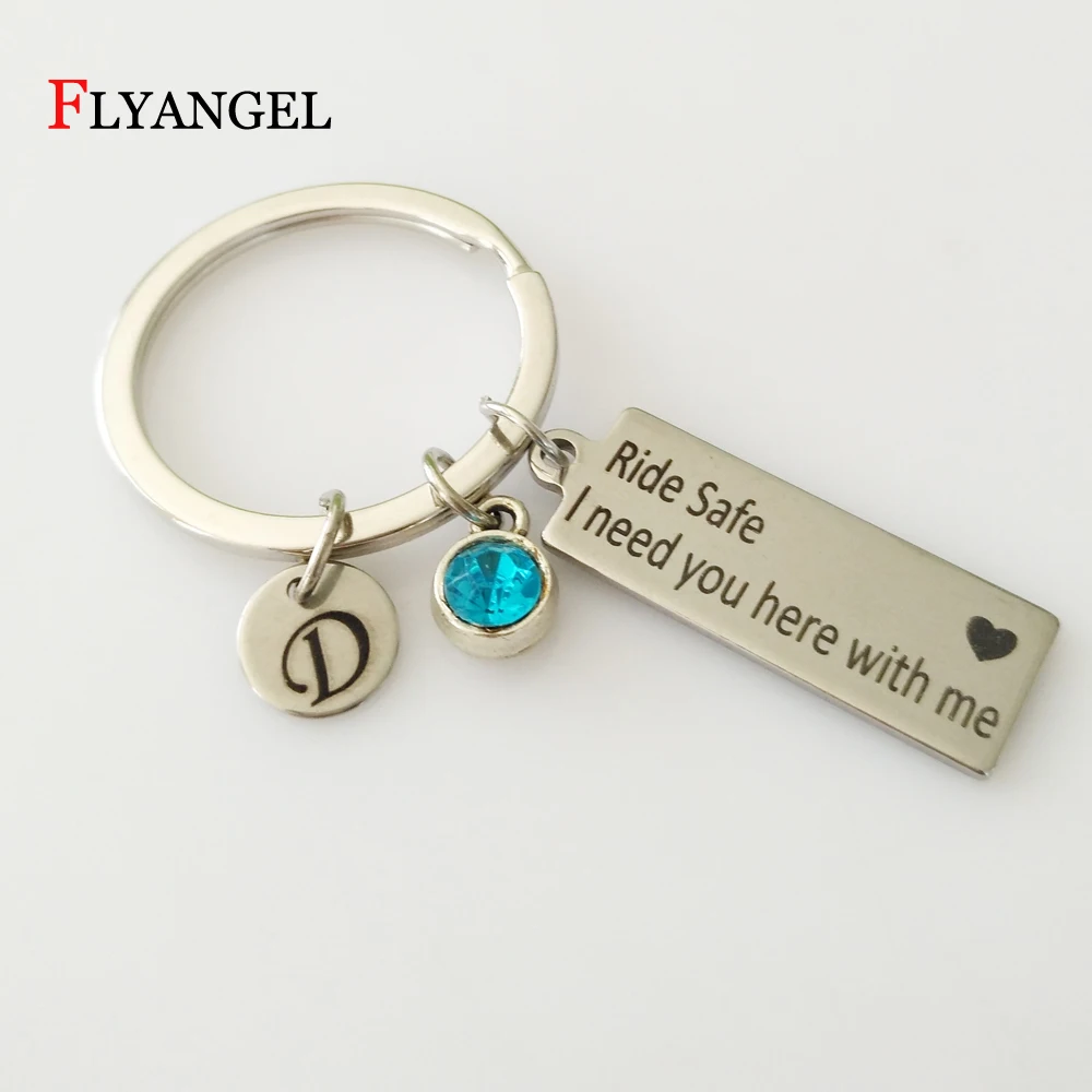 

Customized Initials&Birthstone Simple Letter Ride Safe Heart Key Chains Holder Keyring For Car Accessories Couple Friends Gifts