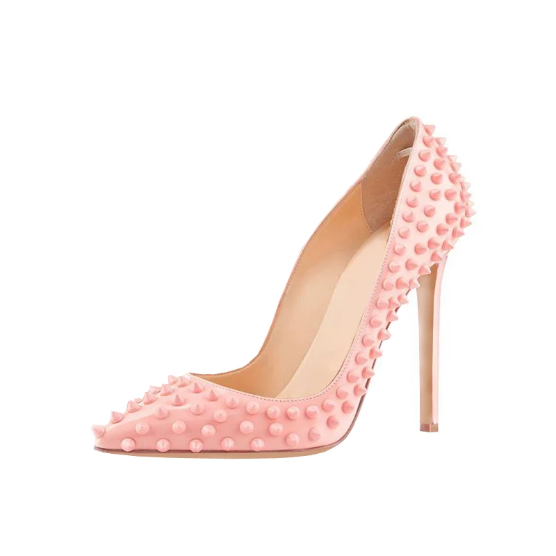 

Moraima Snc Fashion Pink Leather High heel Shoes Sexy Pointed Toe Rivets Studded Thin Heels Shoe Lady Party Shoe Stiletto Heels