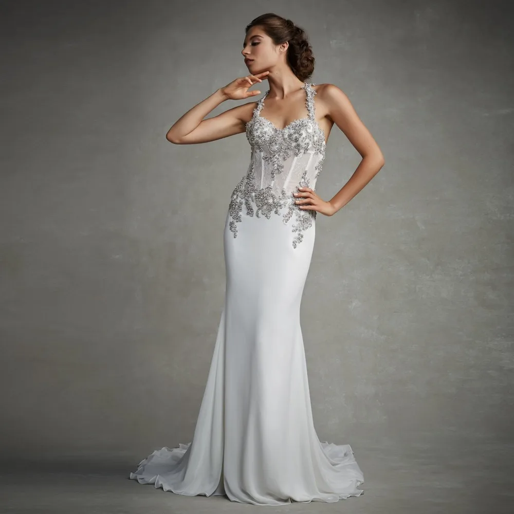 Sleeveless Beaded Lace Top Beach Backless Sheath Wedding