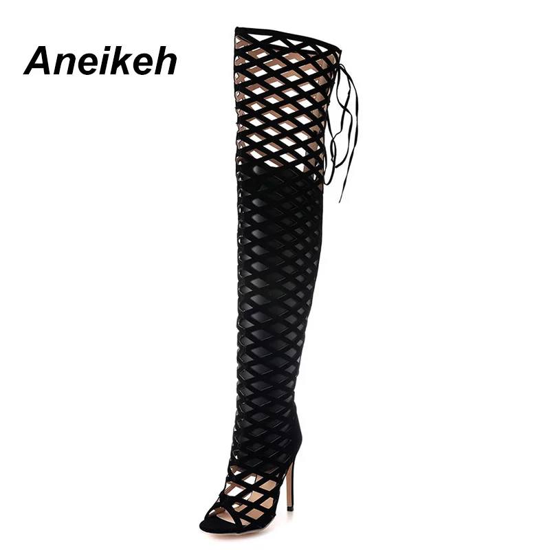 Aneikeh/высокие сапоги-гладиаторы до бедра; женские пикантные сапоги-гладиаторы выше колена с открытым носком и сеткой; сандалии на высоком каблуке