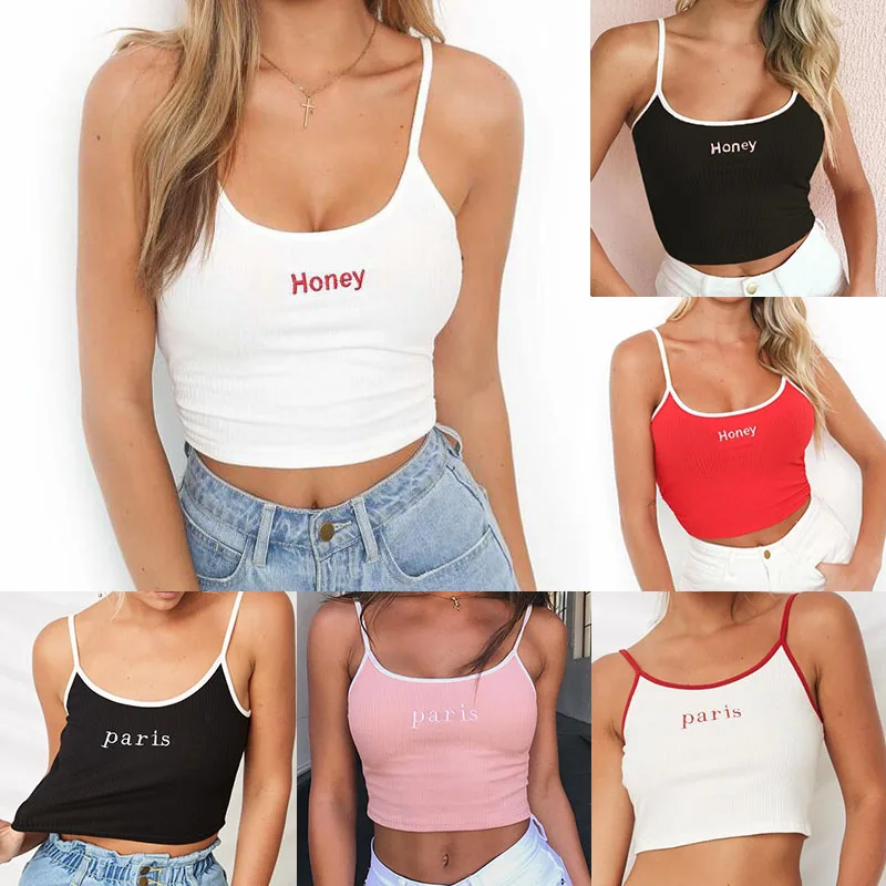 Summer Womens Letter Strap Vest Lady Casual Holiday Blouse Tops Cami Tank Vest