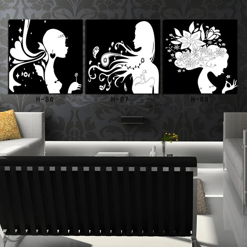 

2016 Black And White Hand Painted Canvas Oil Paintings 3 Piece Ladies Hair Pattern Abstract Painting Girls Painting By Numbers