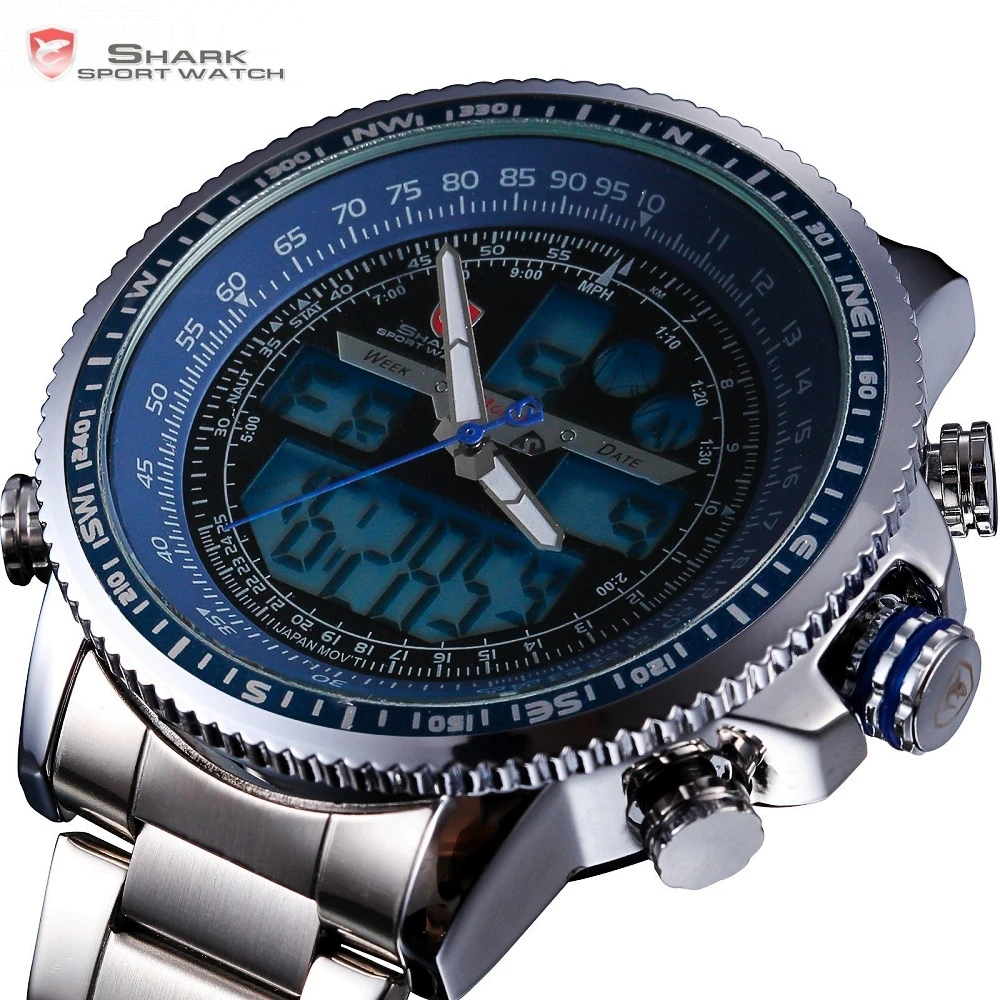 Бренд акула синий жк-аналогового дата будильник хронограф стальной ремешок кварцевый спортивные запуск часы мужчины цифровые часы / SH326N