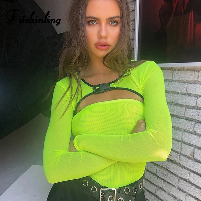 

Fitshinling Cut out buckle mesh neon bodysuit women long sleeve sheer green body jumpsuit female streetwear summer bodysuits hot