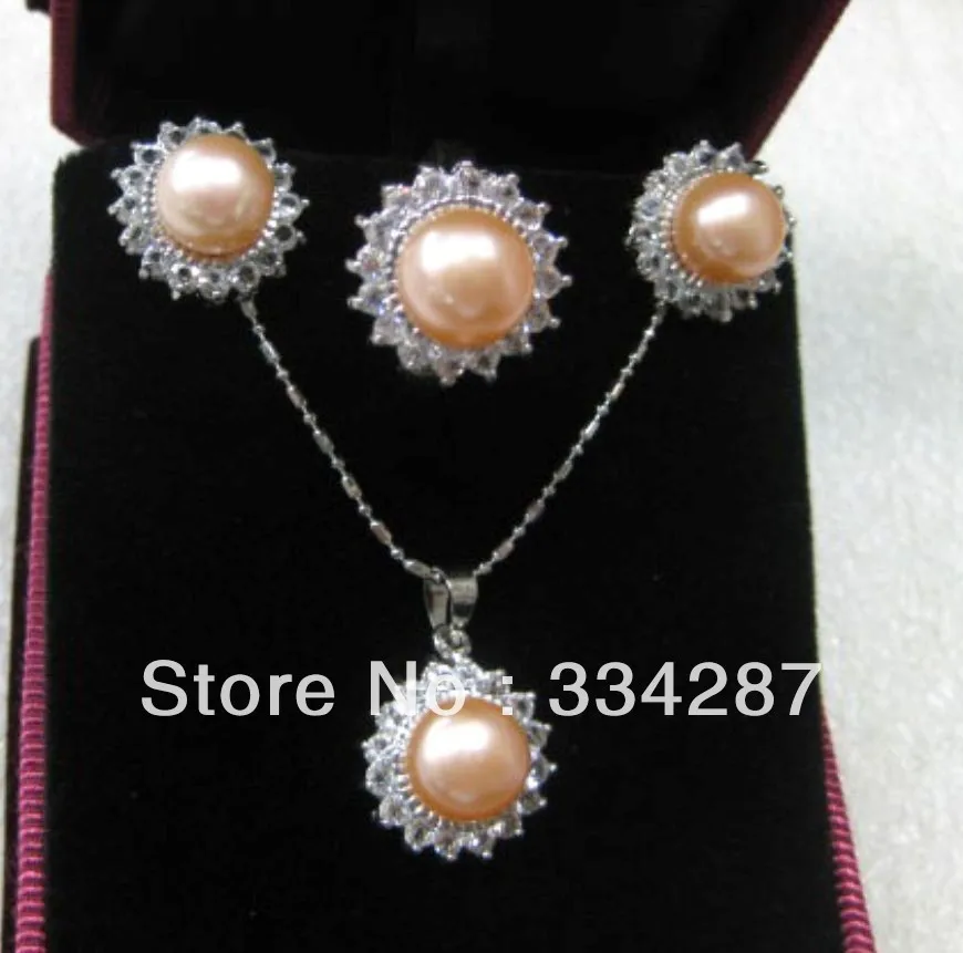 

fine cultured 8-9mm white/pink/black pearl CZ earring/pendant ring set