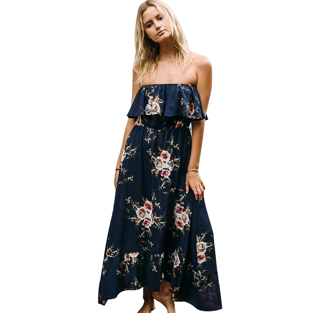 Off shoulder ruffle font b print b font long font b dress b font font b