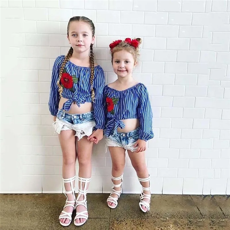 

Kid Baby Girl Kid Enfant Crop Top Striped Rose Flower T Shirt Blouse + Denim Short Jeans Elastic Waist Pants Clothes Outfit Set