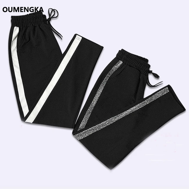 OUMENGKA Contrast Panel Sweatpants Women Casual Harem Pants Loose Elastic Trousers Women Black Striped Side Sweat Pants Female 3