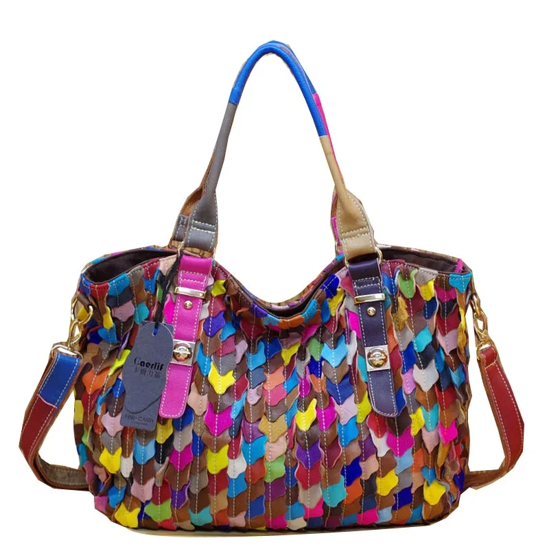 Натуральная кожа разноцветные Лоскутные женские модные мозаичные сумочки с листьями многофункциональная сумка через плечо - Цвет: K1 colorful