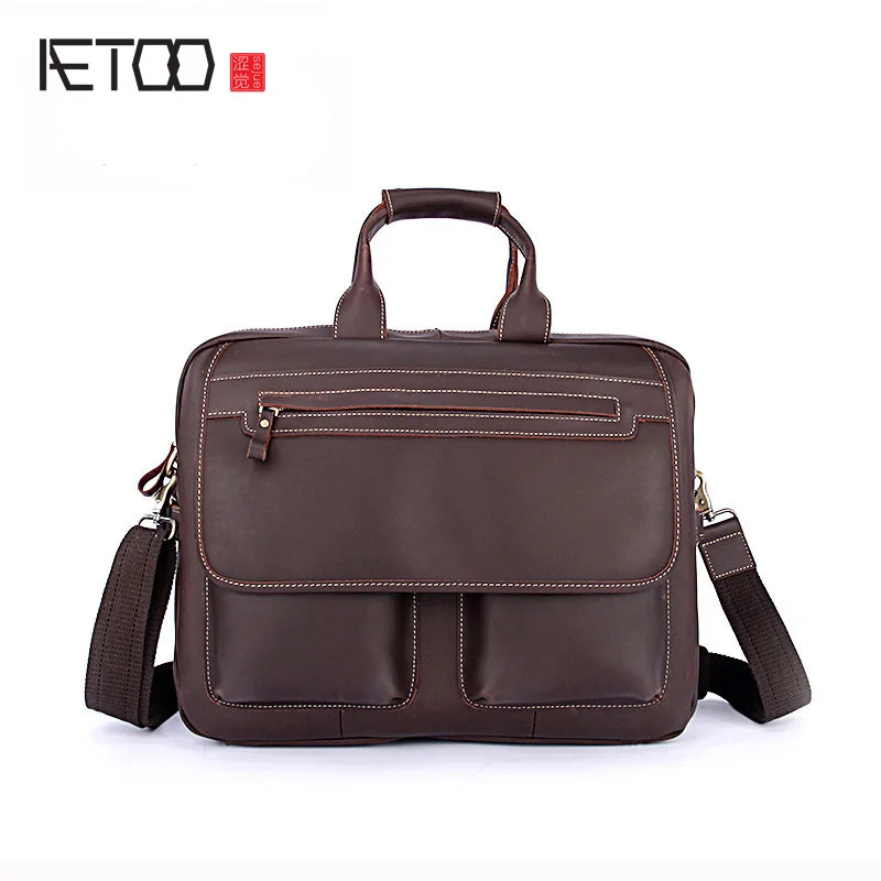 

AETOO Crazy Horse male Baotou cowhide Shoulder Messenger Laptop models provided vertical Leather Briefcase Bag