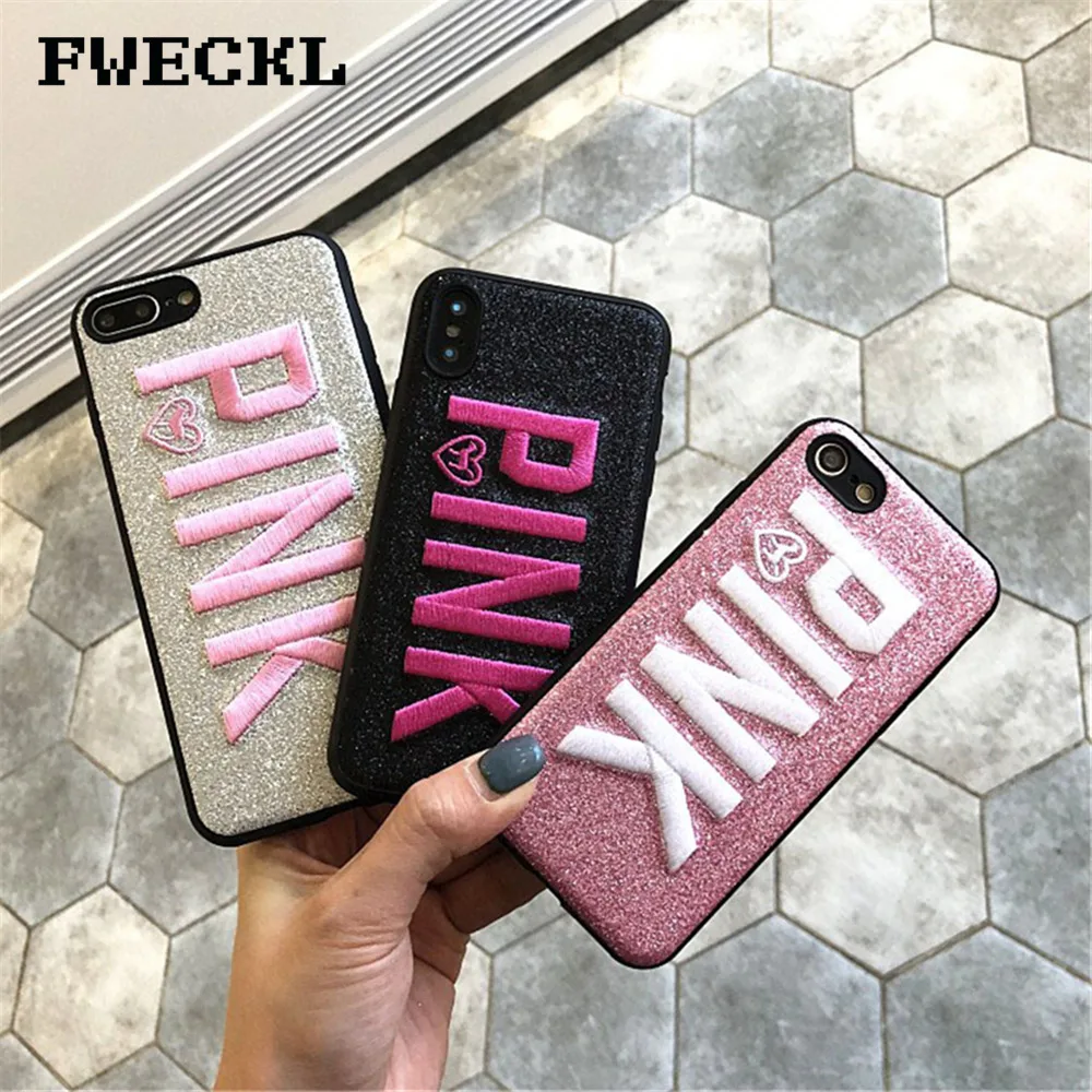 

Cute 3D Embroidery PINK Glitter Bling Phone Case For iPhone 7 8 Plus X XS MAX XR 6 6S Plus Hot Leather Soft Silicon Back Cover