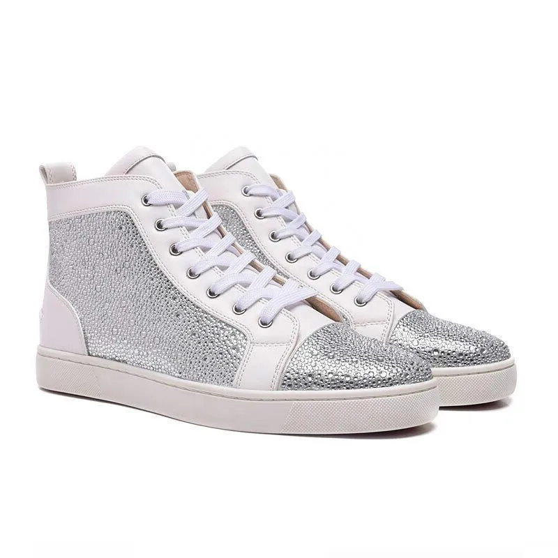 Men Designer Shoes Unisex Bling Blue Glitter Spike Studs Red High Top Bottom Brand Fashion Luxury Boots Outdoor Casual Shoes Men