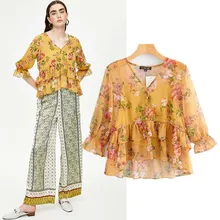 sweet spring summer women blouse long sleeve v neck ruffles print beach style ladies blouse shirts chiffon flare sleeve blouses chiffon print flare sleeve blouse