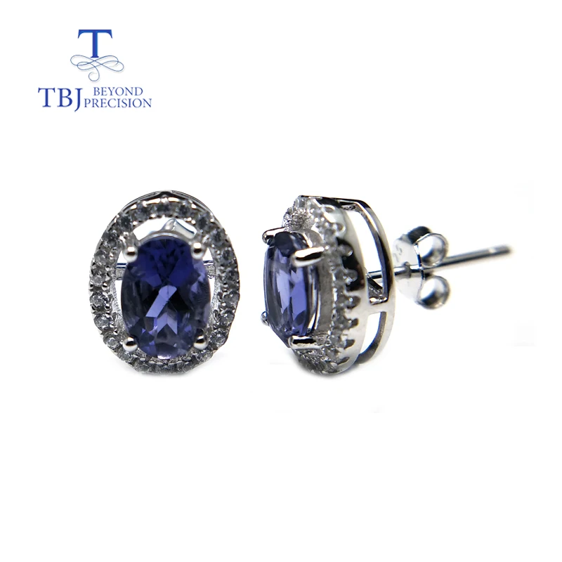 

TBJ,Simple gemstone small earring pins with India iolite natural 2ct up oval 5*7mm in 925 sterling silver for girls daily wear