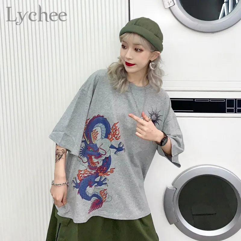 Lychee китайский дракон Солнце печати хлопок Женская футболка вырез лодочкой короткий рукав свободный лето весна женские футболки топ тройники