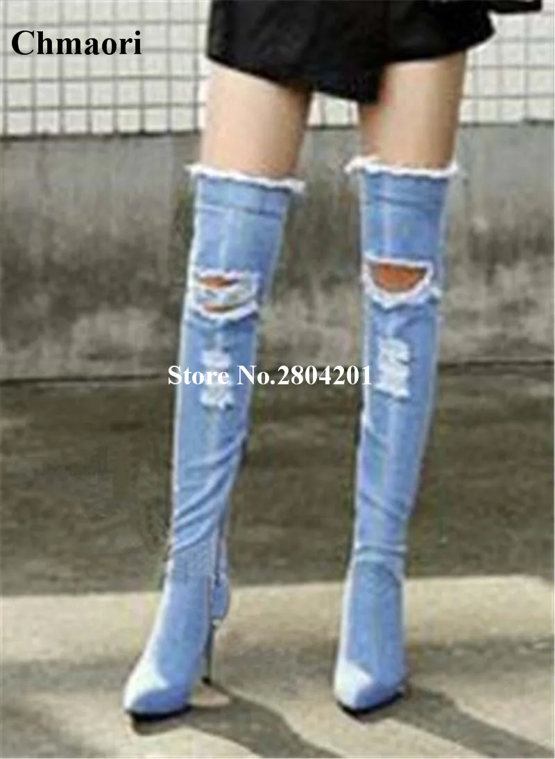 

Broken Holes Boots Sexy Pointed Toe High Thin Heel Over The Knee Jeans Cowboy Boots Women Boots Denim Thigh High Boots Shoes