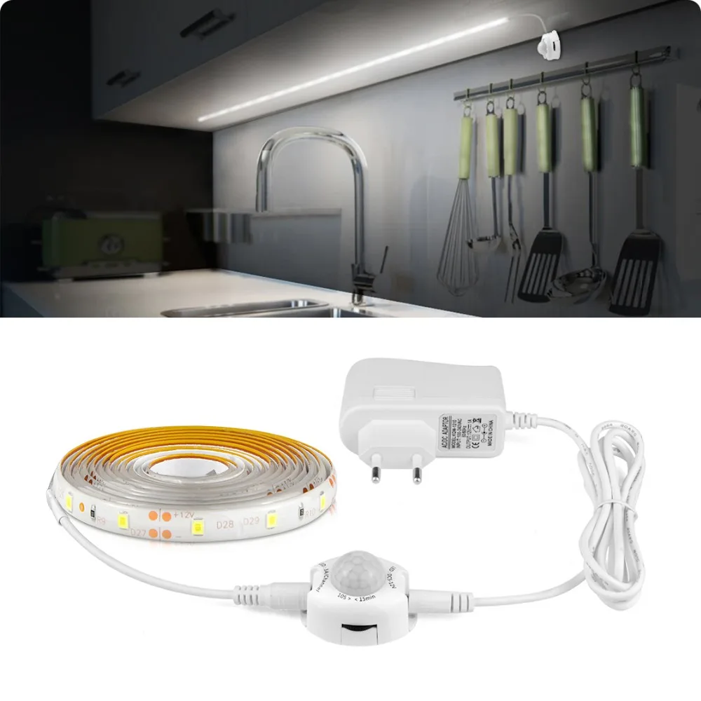 

Smart PIR Motion Sensor LED Strip DC 12V Bed Light With 2A US EU Power Supply Ribbon Tape Lamp Kitchen Closet Cabinet Lighting
