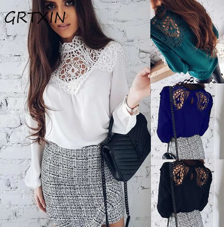 

O Neck Patchwork Lace Blouses Women Long Sleeve Slim Shirts Casual Solid Tops Gray Spring Blouses For Women