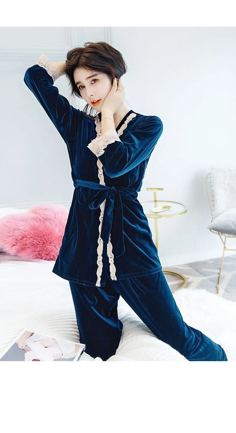 Пижамный комплект Для женщин пижамы 3 шт./компл. Теплая кофточка от пижамы золото бархат Для женщин комплект для сна зимняя Пижама; одежда для сна Осенне-зимняя Дамская обувь