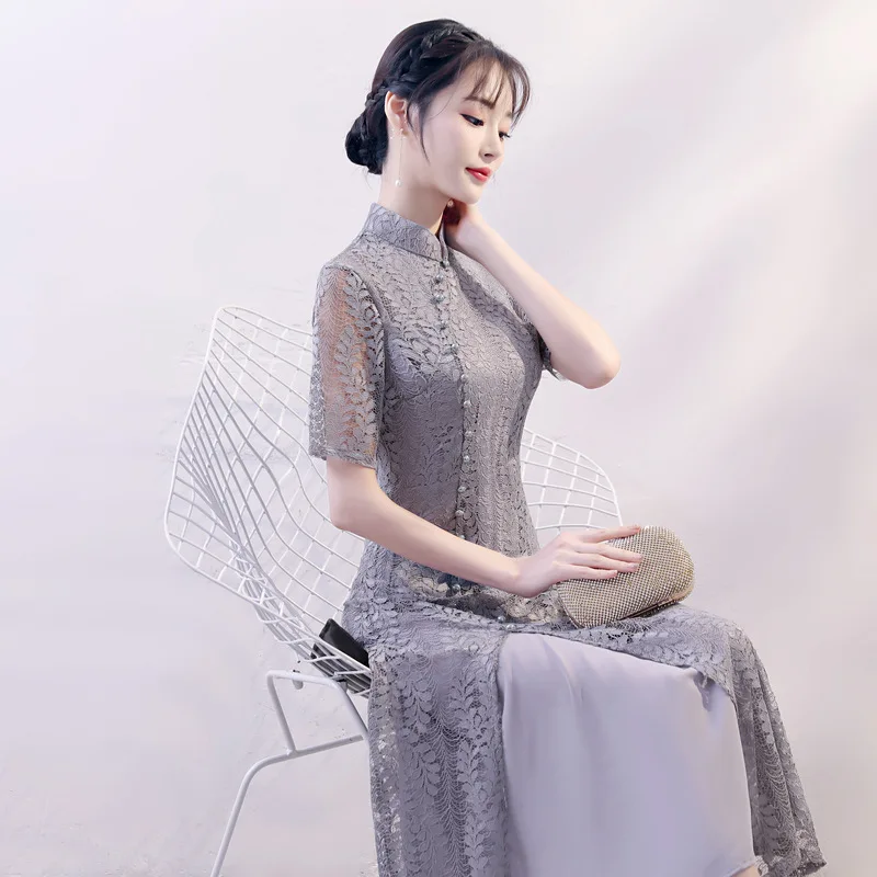 Серый 2019 Новый Вьетнам Aodai тонкий А-силуэт Qipao Элегантный женский кружевной сексуальный китайский платье Винтаж Мандарин воротник длинный